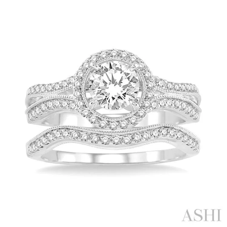 1 1/4 Ctw Diamond Wedding Set with 1 1/10 Ctw Round Cut Engagement Ring and 1/6 Ctw Wedding Band in 14K White Gold