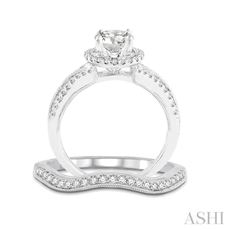 1 1/4 Ctw Diamond Wedding Set with 1 1/10 Ctw Round Cut Engagement Ring and 1/6 Ctw Wedding Band in 14K White Gold