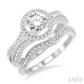 1 1/4 Ctw Diamond Wedding Set with 1 1/10 Ctw Round Cut Engagement Ring and 1/6 Ctw Wedding Band in 14K White Gold