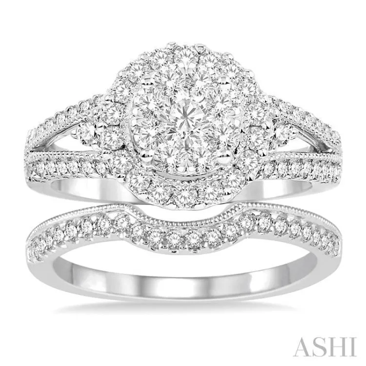 1 1/5 Ctw Diamond Wedding Set with 1 Ctw Lovebright Round Cut Engagement Ring and 1/6 Ctw Wedding Band in 14K White Gold