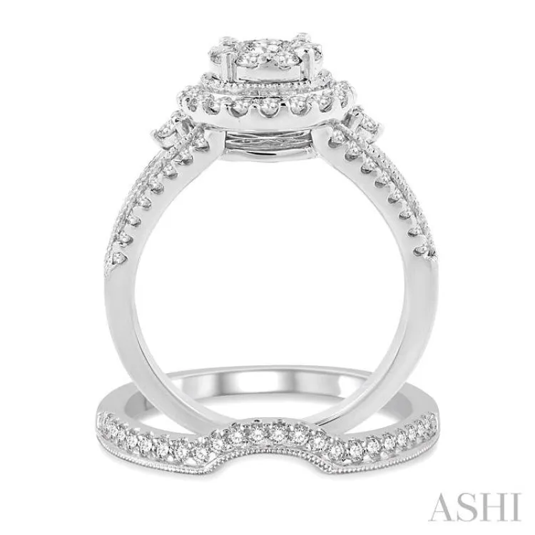 1 1/5 Ctw Diamond Wedding Set with 1 Ctw Lovebright Round Cut Engagement Ring and 1/6 Ctw Wedding Band in 14K White Gold