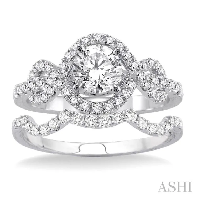 1 1/5 Ctw Diamond Wedding Set with 1 Ctw Round Cut Engagement Ring and 1/5 Ctw Wedding Band in 14K White Gold