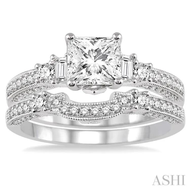 1 1/6 Ctw Diamond Wedding Set with 7/8 Ctw Princess Cut Engagement Ring and 1/4 Ctw Wedding Band in 14K White Gold