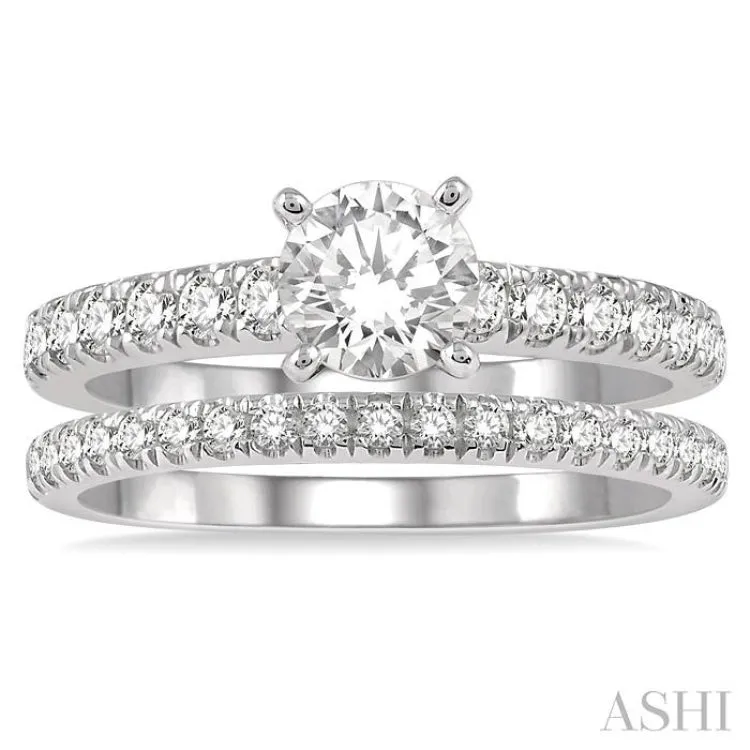 1 5/8 ct Diamond Wedding Set With 1 1/10 ct Round Cut Engagement Ring and 1/2 ct Wedding Band in 14K White Gold