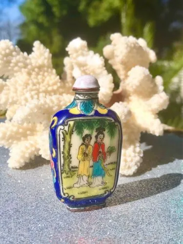 Antique Chinese Women Cloisonne Enamel Multicolor Folk Art Snuff Bottle Rare