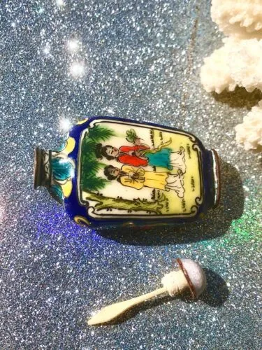 Antique Chinese Women Cloisonne Enamel Multicolor Folk Art Snuff Bottle Rare