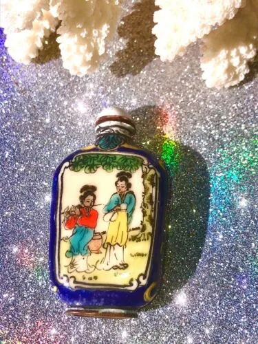 Antique Chinese Women Cloisonne Enamel Multicolor Folk Art Snuff Bottle Rare