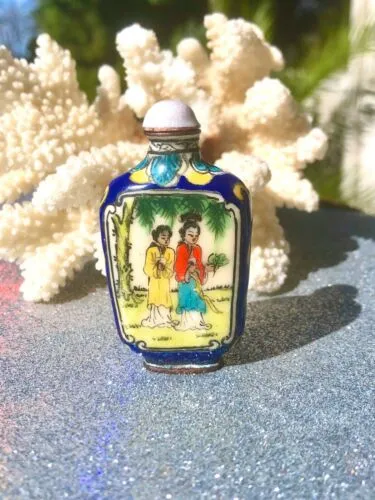 Antique Chinese Women Cloisonne Enamel Multicolor Folk Art Snuff Bottle Rare