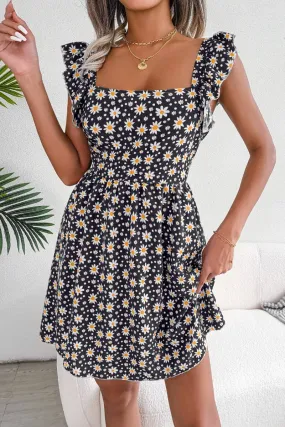 BACKLESS LACE UP DAISY PRINT CASUAL HOLIDAY DRESS_CWDSD2552