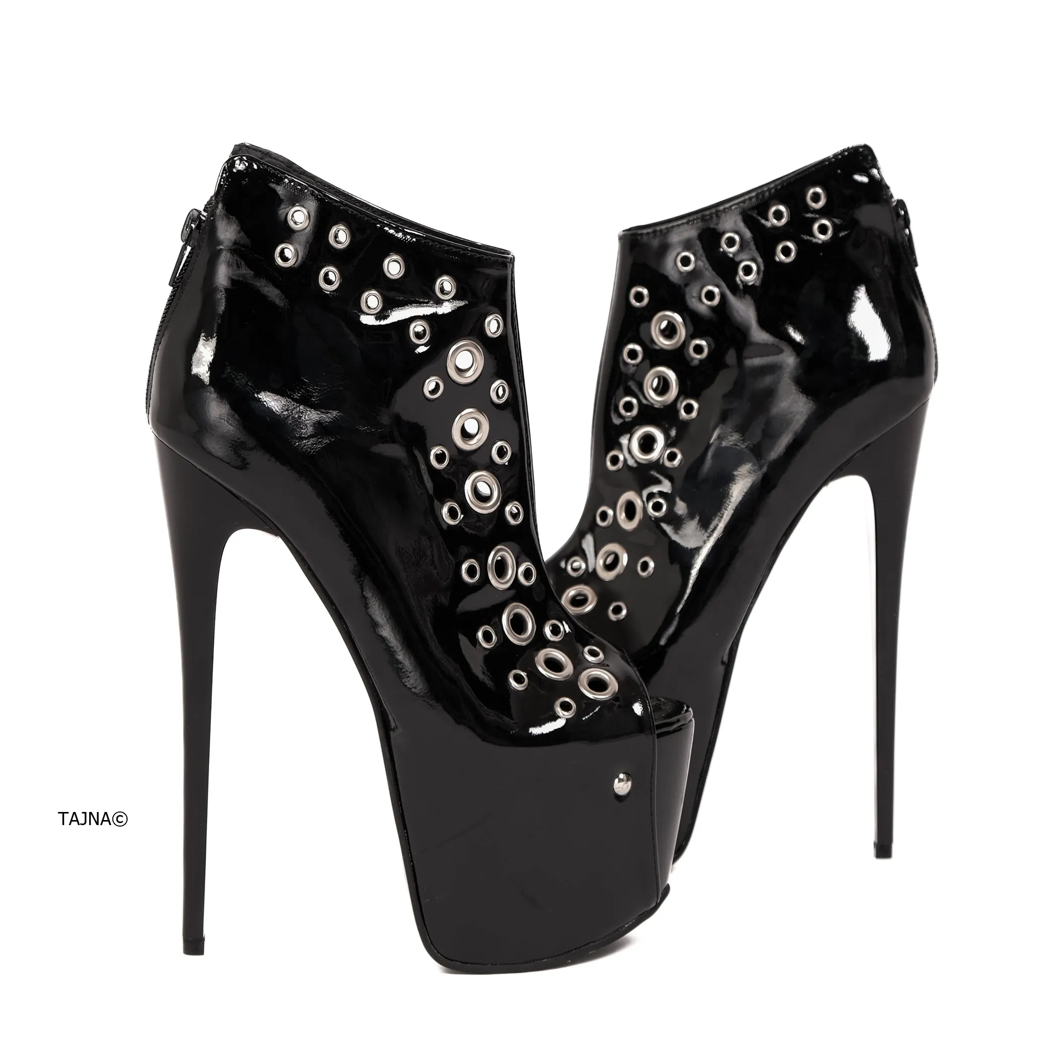 Black Gloss Ankle Cut Pinned Rocker Heels