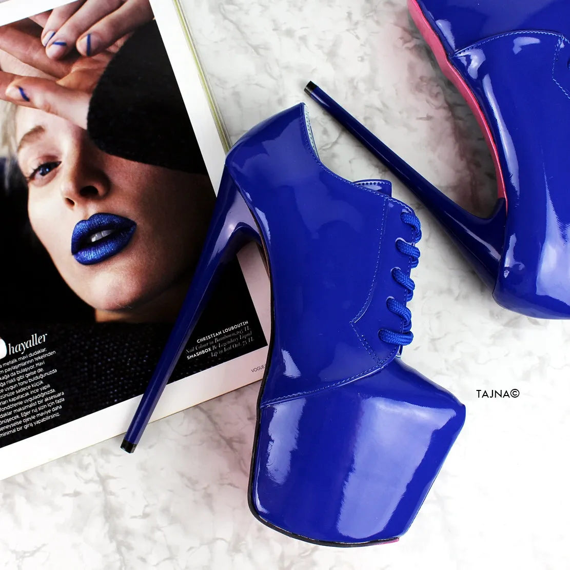 Blue Gloss Oxford Ankle High Heels