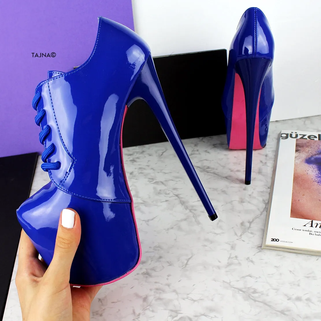 Blue Gloss Oxford Ankle High Heels