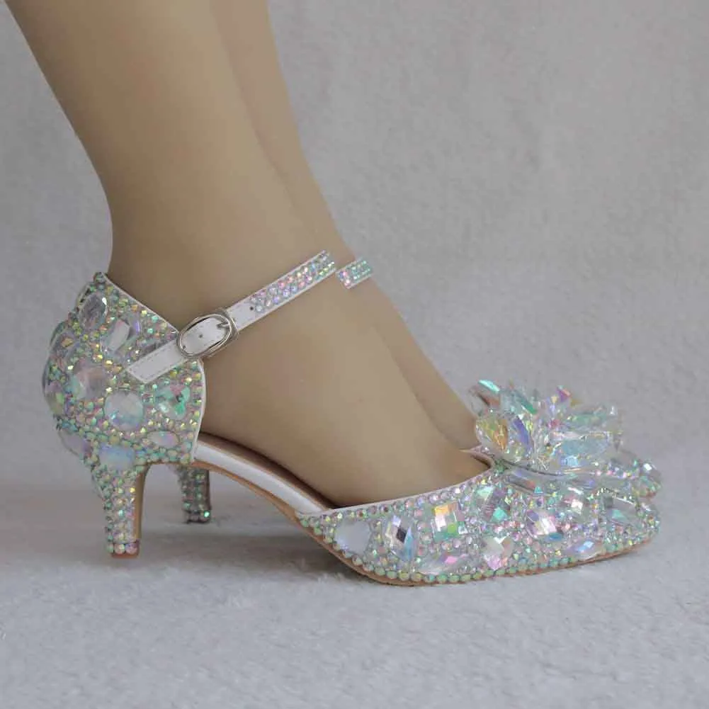 Bride Wedding Shoes Prom Pumps Ankle Strap Buckle Shoes With Rhinestone