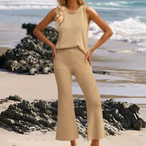 CASUAL KNIT ROUND NECK SLEEVELESS BELL BOTTOM SUIT_CWSTB0488