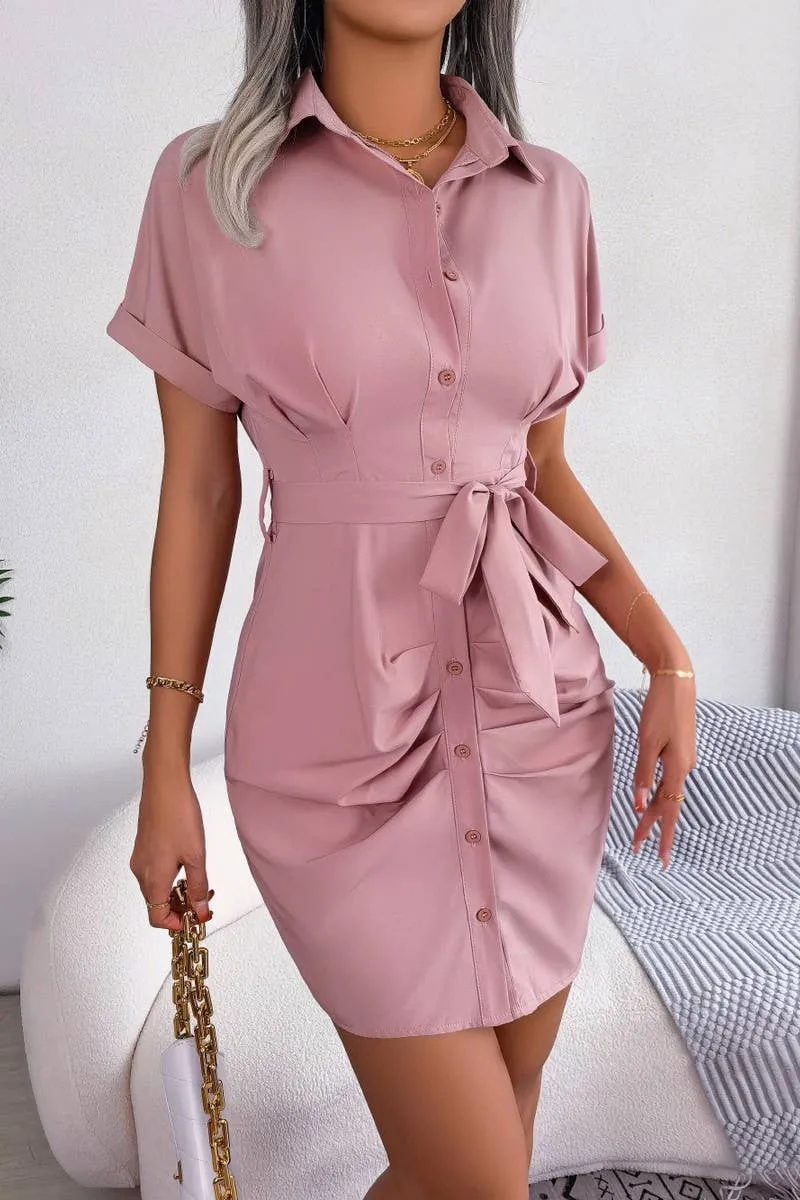 CASUAL SOLID COLOR BAT SLEEVE WAIST SHIRT DRESS_CWDSD2522