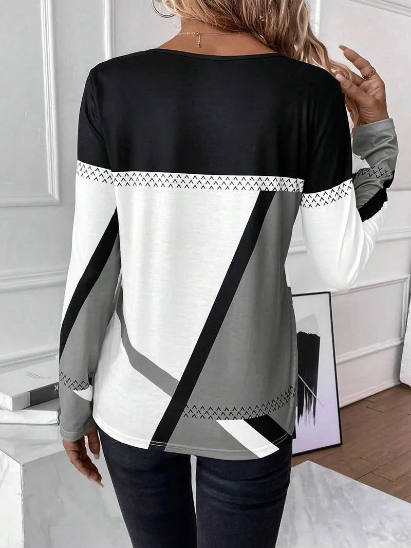 COLOR CONTRAST PATCHWORK GEOMETRIC PRINT BLOUSE_CWTBLL0914