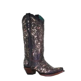 Corral Ladies Embroidery & Stud Black & Honey Inlay Boots A4124