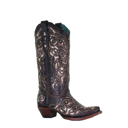 Corral Ladies Embroidery & Stud Black & Honey Inlay Boots A4124