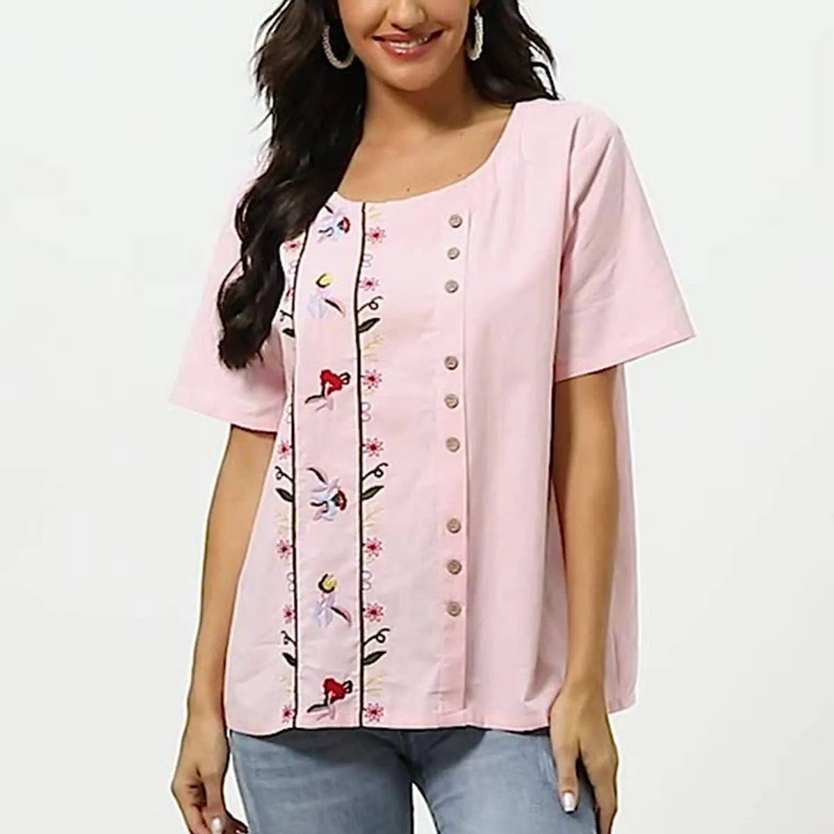 COTTON BREATHABLE LOOSE EMBROIDERED TOP_CWTBLS0658