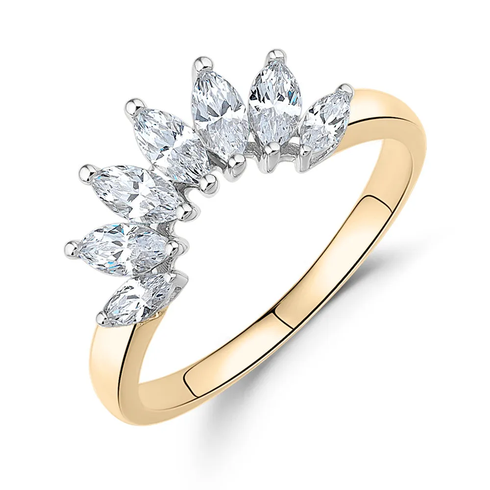 Curved wedding or eternity band with 0.48 carats* of diamond simulants in 14 carat yellow and white gold