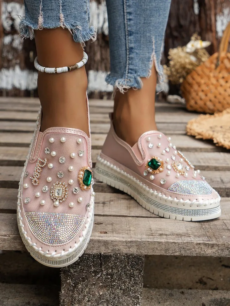 elveswallet Beaded Breathable Mesh Thick Flatform Loafers