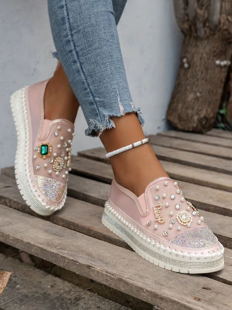 elveswallet Beaded Breathable Mesh Thick Flatform Loafers