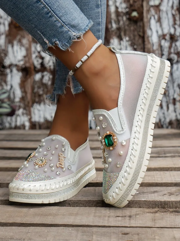 elveswallet Beaded Breathable Mesh Thick Flatform Loafers