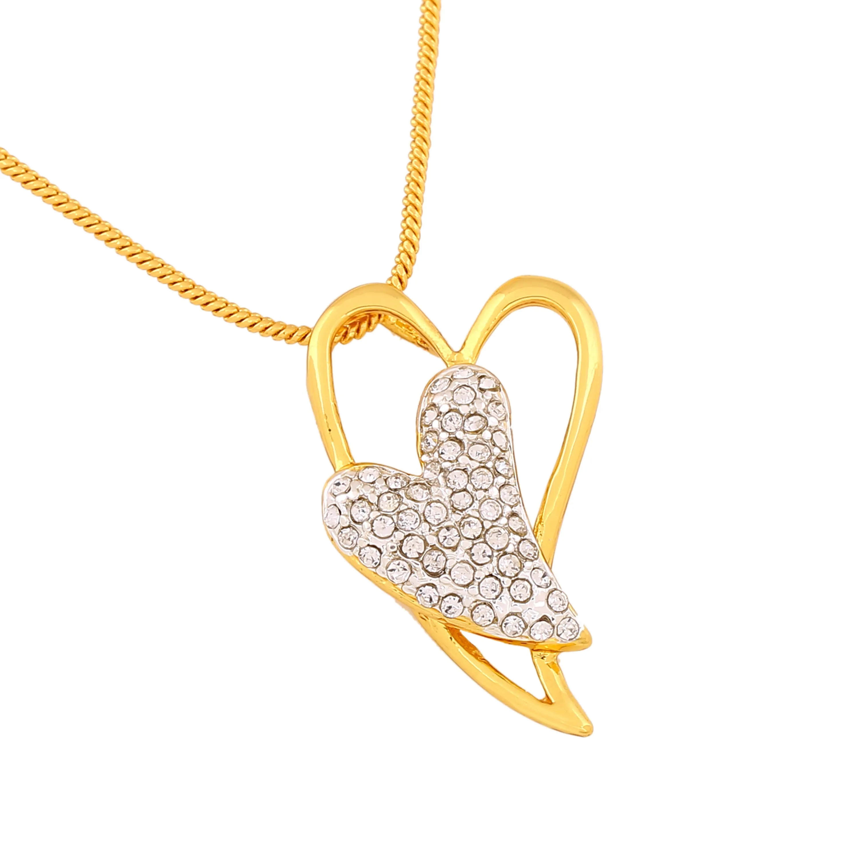 Estele Gold Plated Dual Heart Pendant with Austrian Crystals for Women