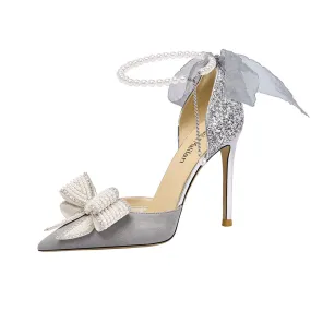 Lily Early 2023 Spring fairy high heels stiletto pearl bow single shoes- Nicola