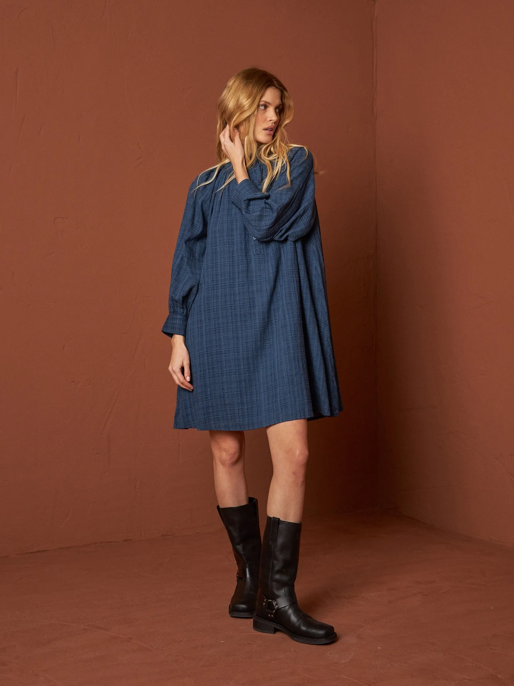 Ruffled Collar Dress Jeans Blue