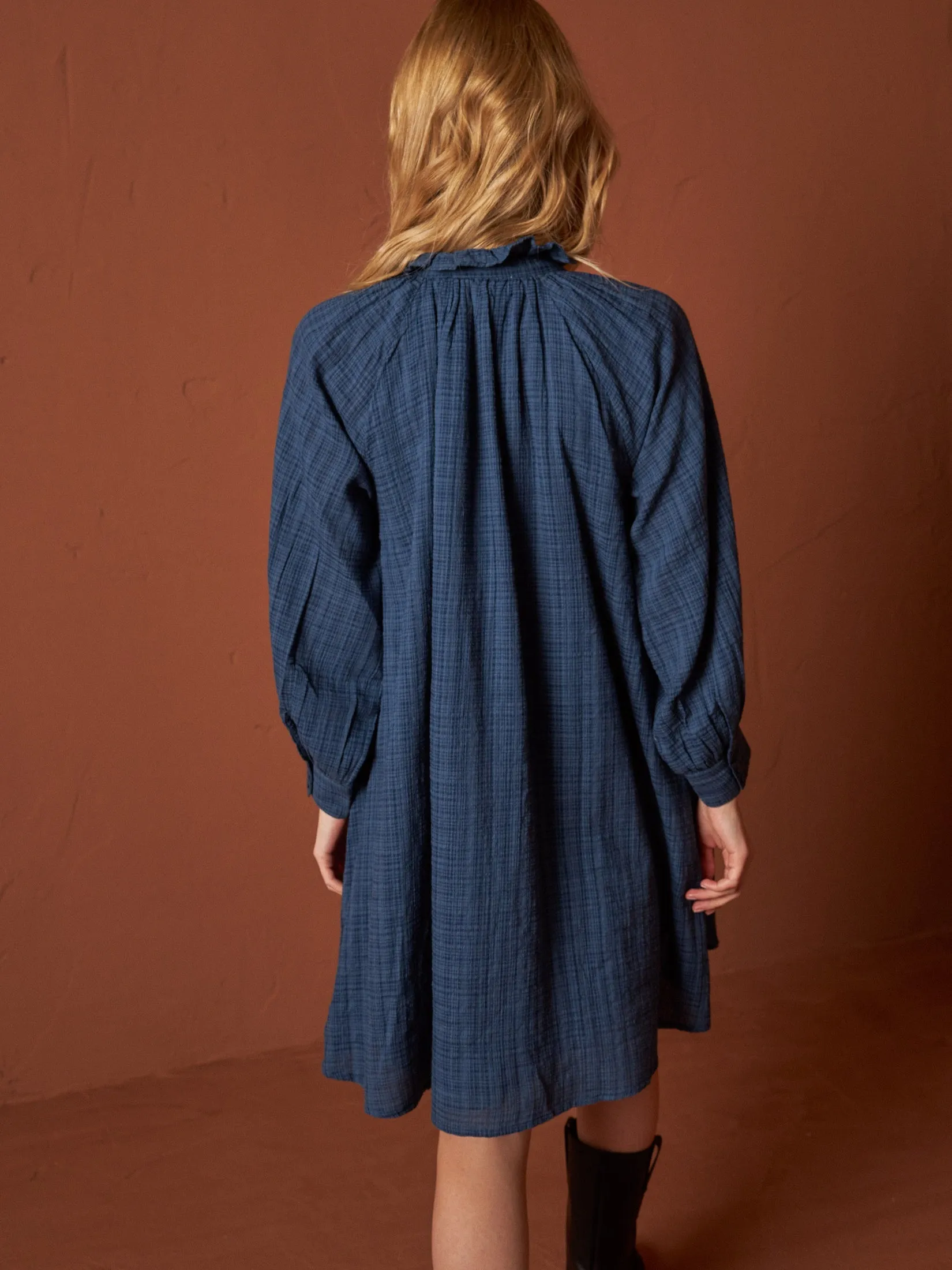 Ruffled Collar Dress Jeans Blue