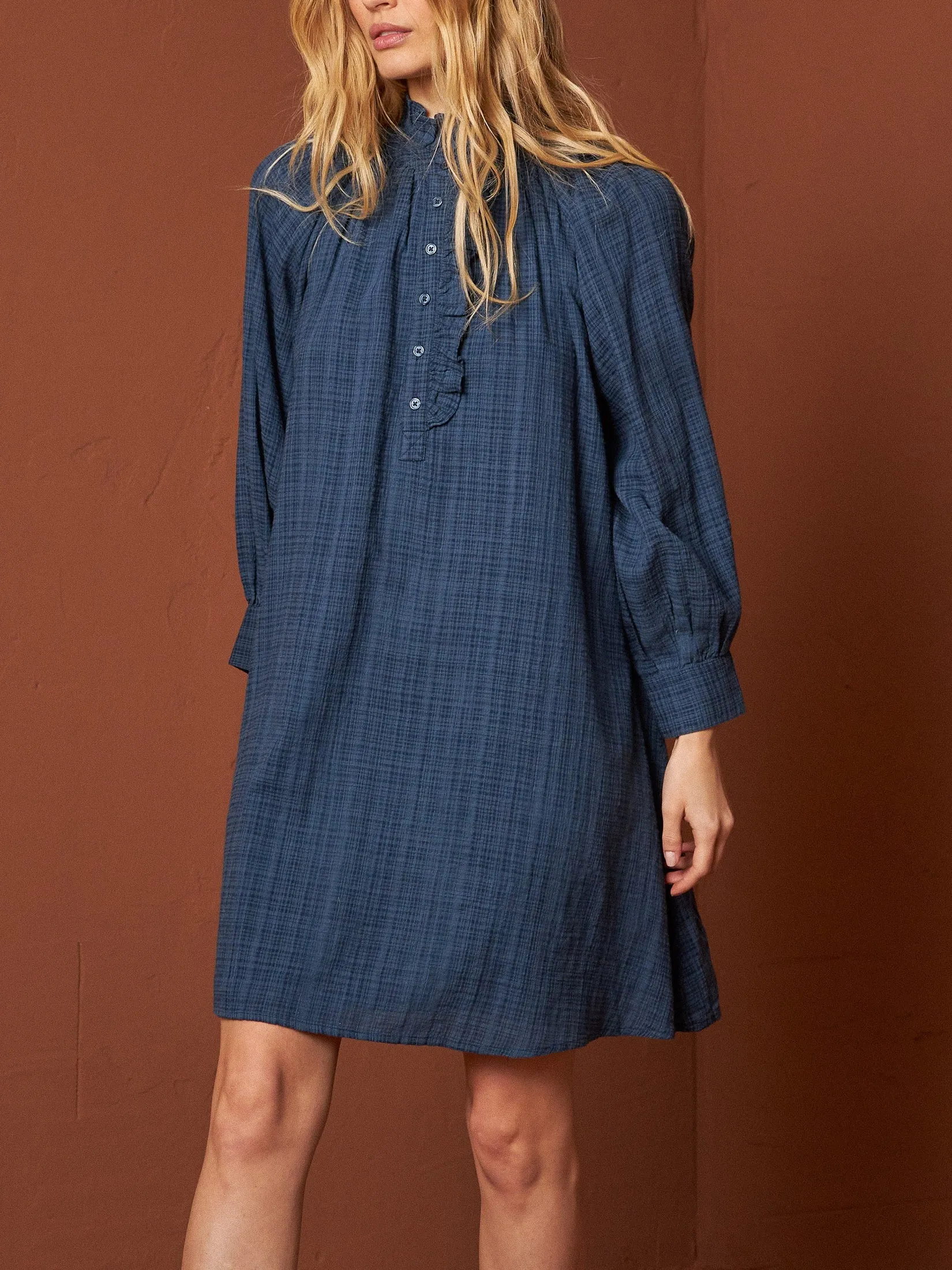 Ruffled Collar Dress Jeans Blue