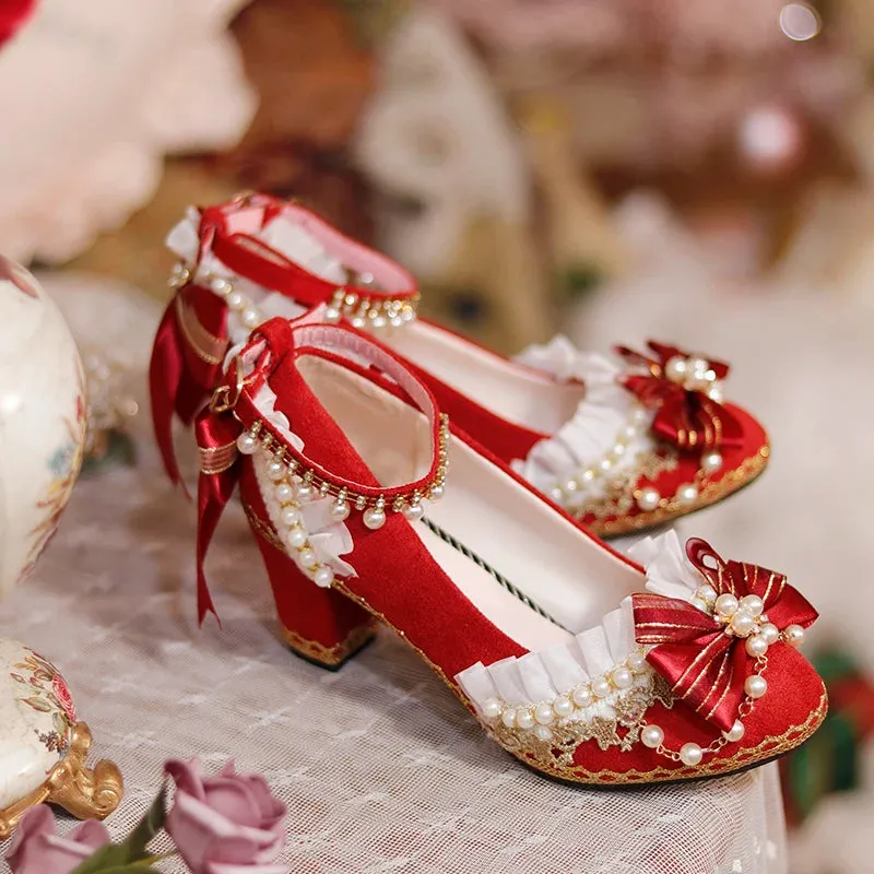 Sohiwoo Original Lolita Shoes Chinese Red Chinese Style High Heel Lolita Wedding Shoes Sweet Flower Wedding Shoes Heel Height 6cm