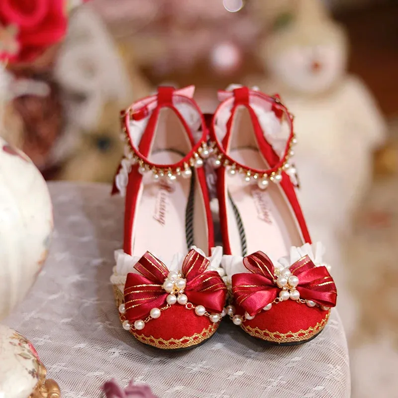 Sohiwoo Original Lolita Shoes Chinese Red Chinese Style High Heel Lolita Wedding Shoes Sweet Flower Wedding Shoes Heel Height 6cm