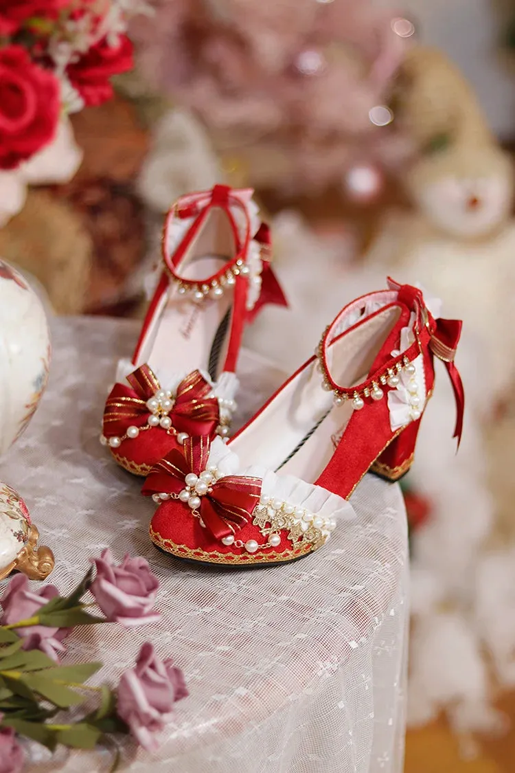 Sohiwoo Original Lolita Shoes Chinese Red Chinese Style High Heel Lolita Wedding Shoes Sweet Flower Wedding Shoes Heel Height 6cm