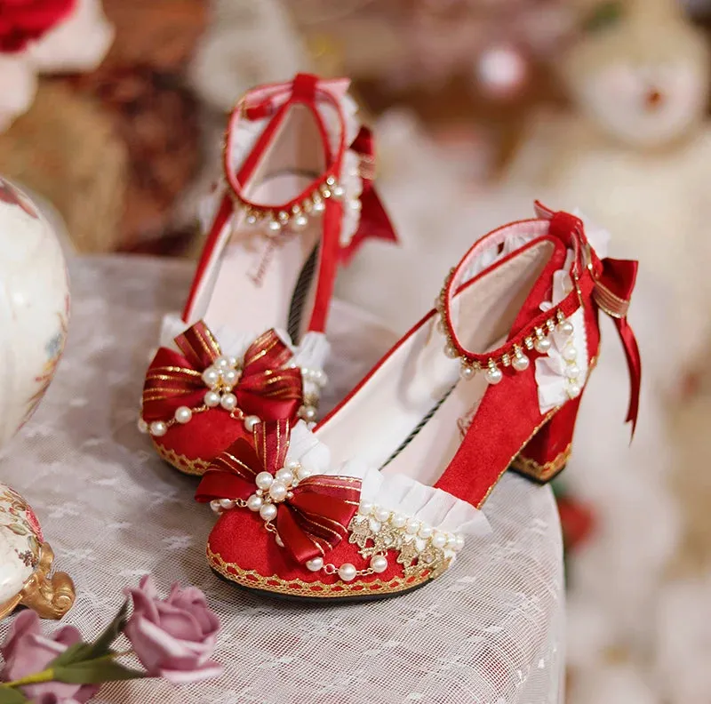 Sohiwoo Original Lolita Shoes Chinese Red Chinese Style High Heel Lolita Wedding Shoes Sweet Flower Wedding Shoes Heel Height 6cm