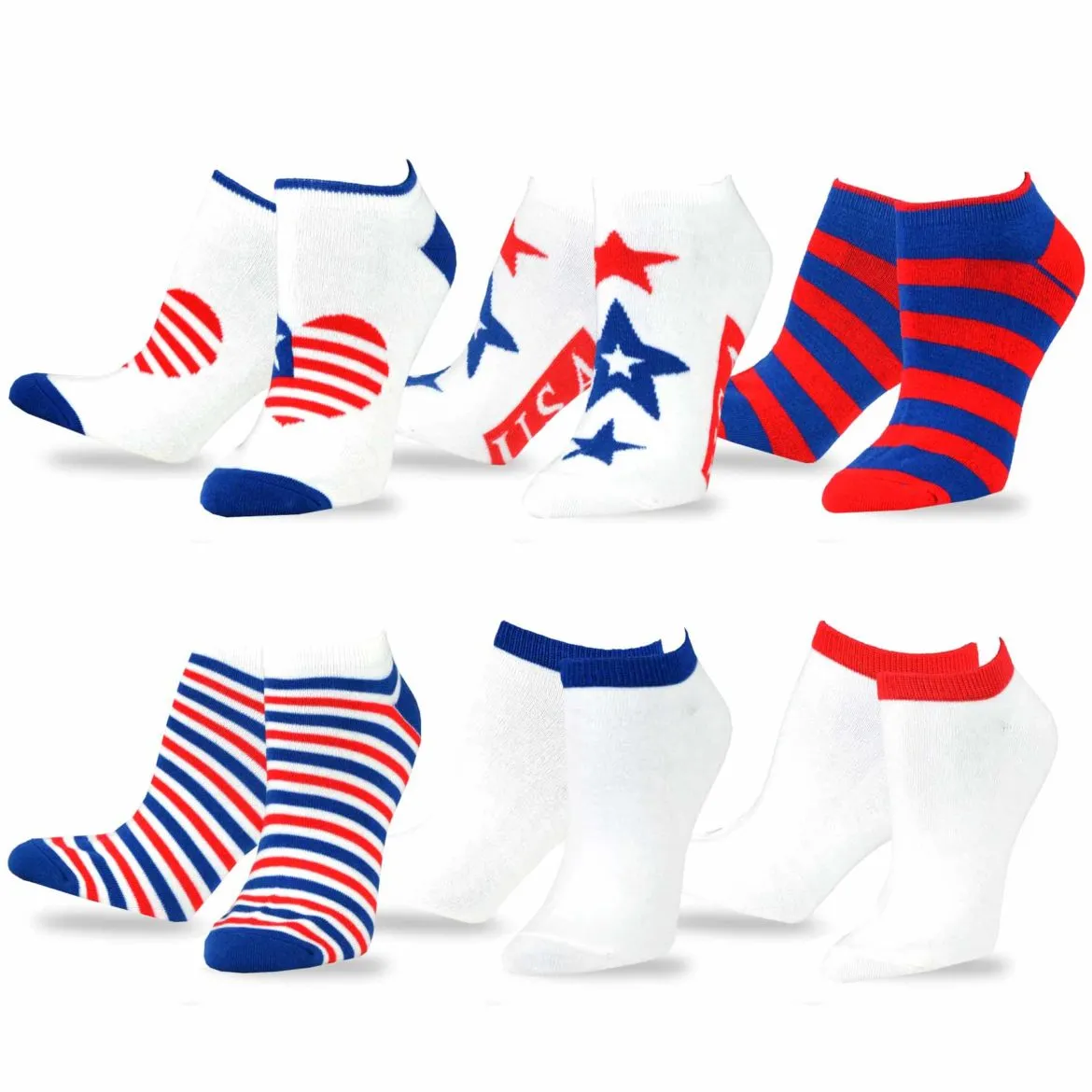 TeeHee Socks Women's 4th of July Cotton No Show I Love USA 6-Pack (11154)