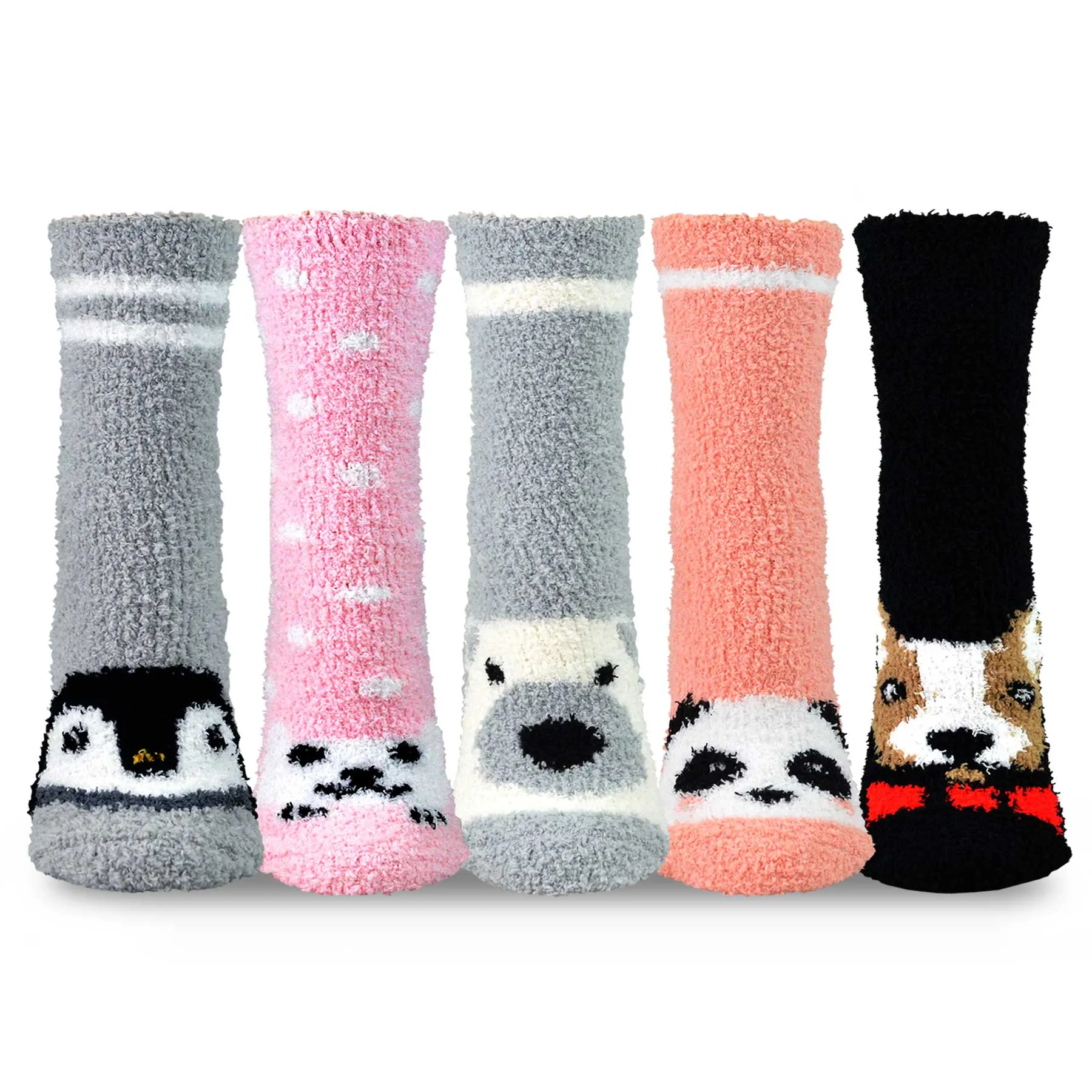 TeeHee Socks Women's Fuzzy Polyester Crew Animal 5-Pack (18003)