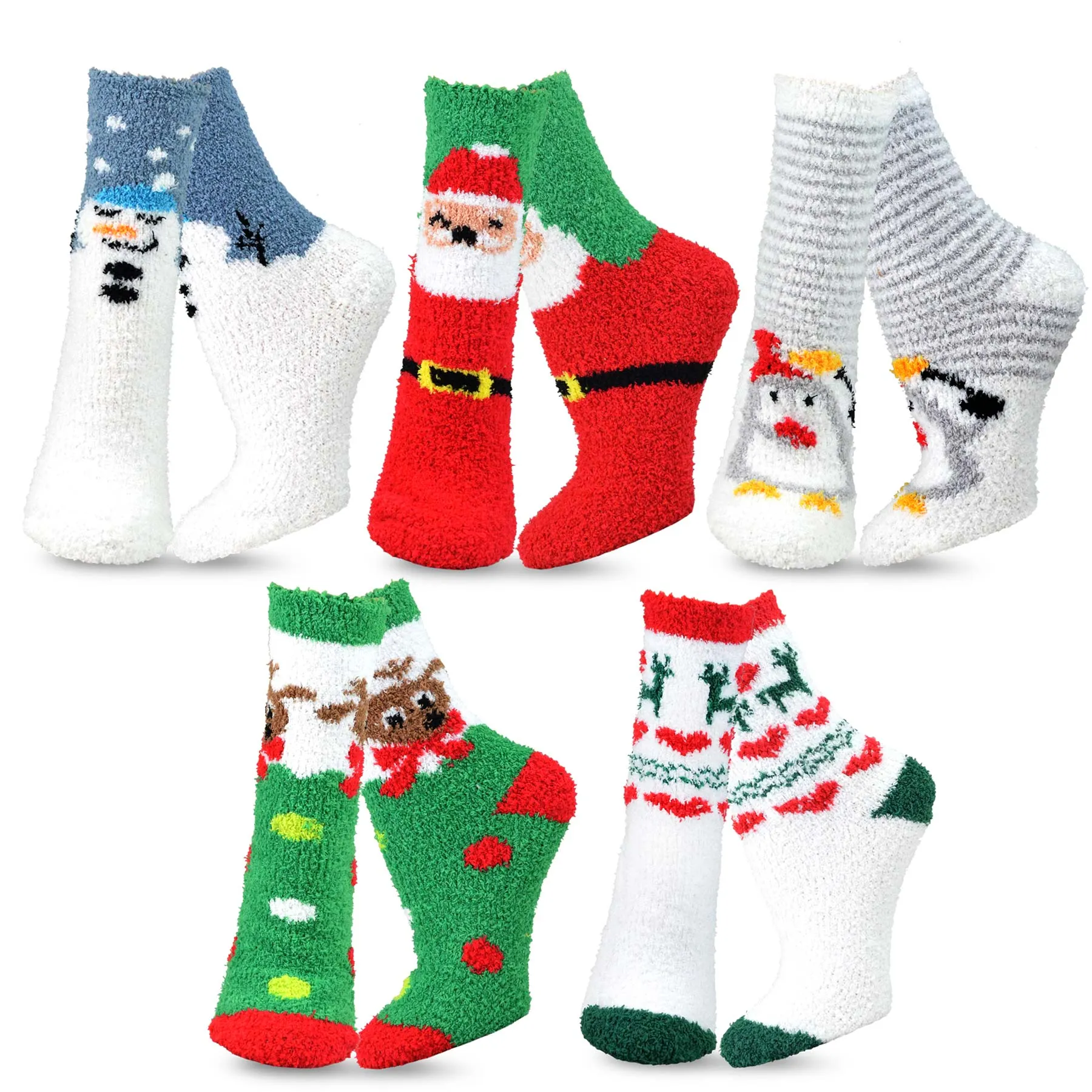 TeeHee Socks Women's Fuzzy Polyester Crew Christmas 5-Pack (18004)