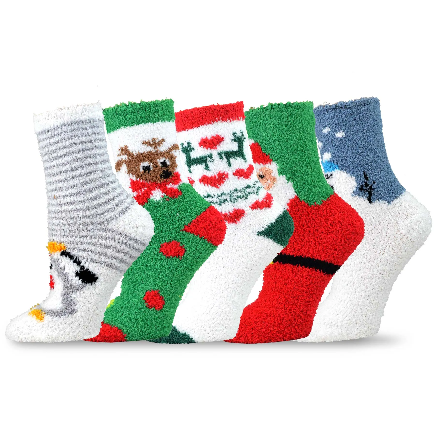 TeeHee Socks Women's Fuzzy Polyester Crew Christmas 5-Pack (18004)