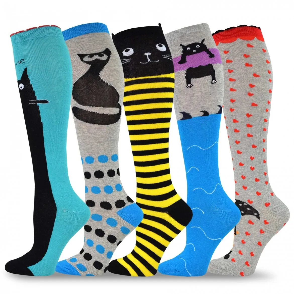 TeeHee Socks Women's Novelty Cotton Knee High Cats 5-Pack (12172)